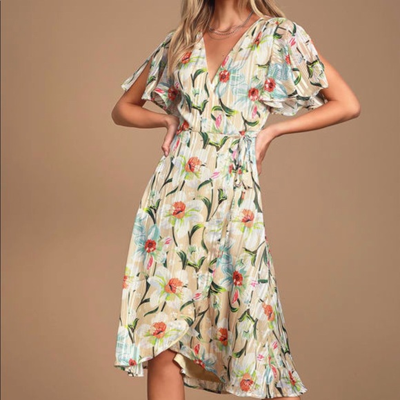 Lulus Dresses & Skirts - She's a Dream Beige Floral Wrap Midi Dress
Lulus